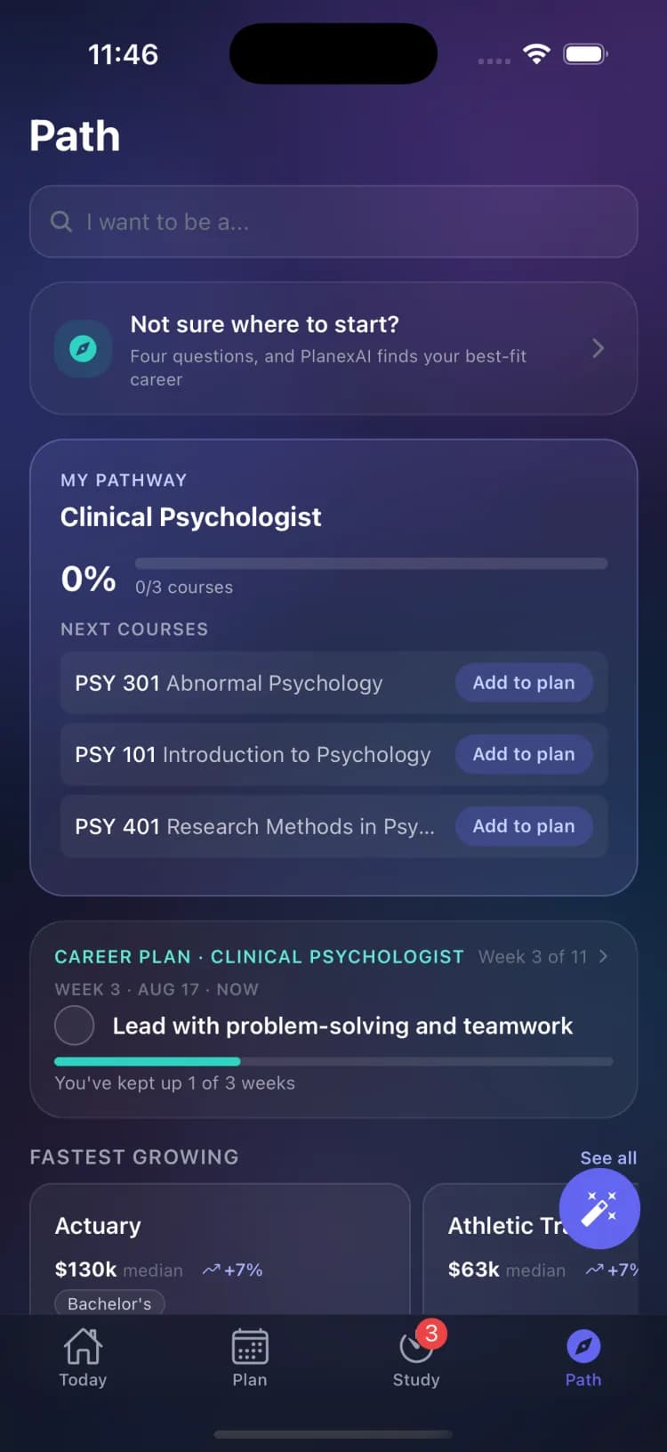 The Path tab with career matches and fit scores
