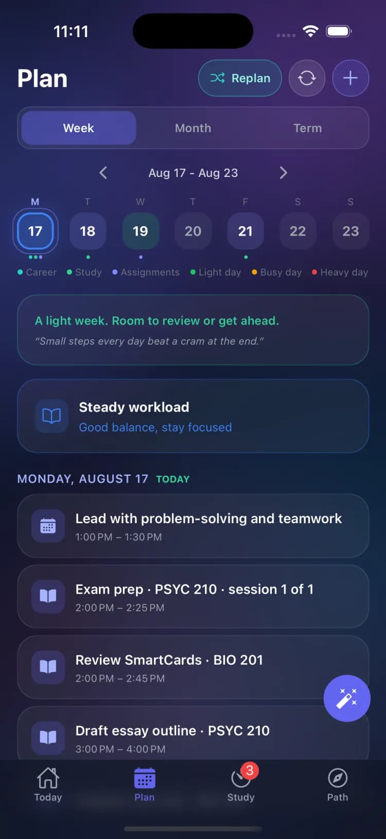 The Plan tab week view with workload-tinted days and the Replan button