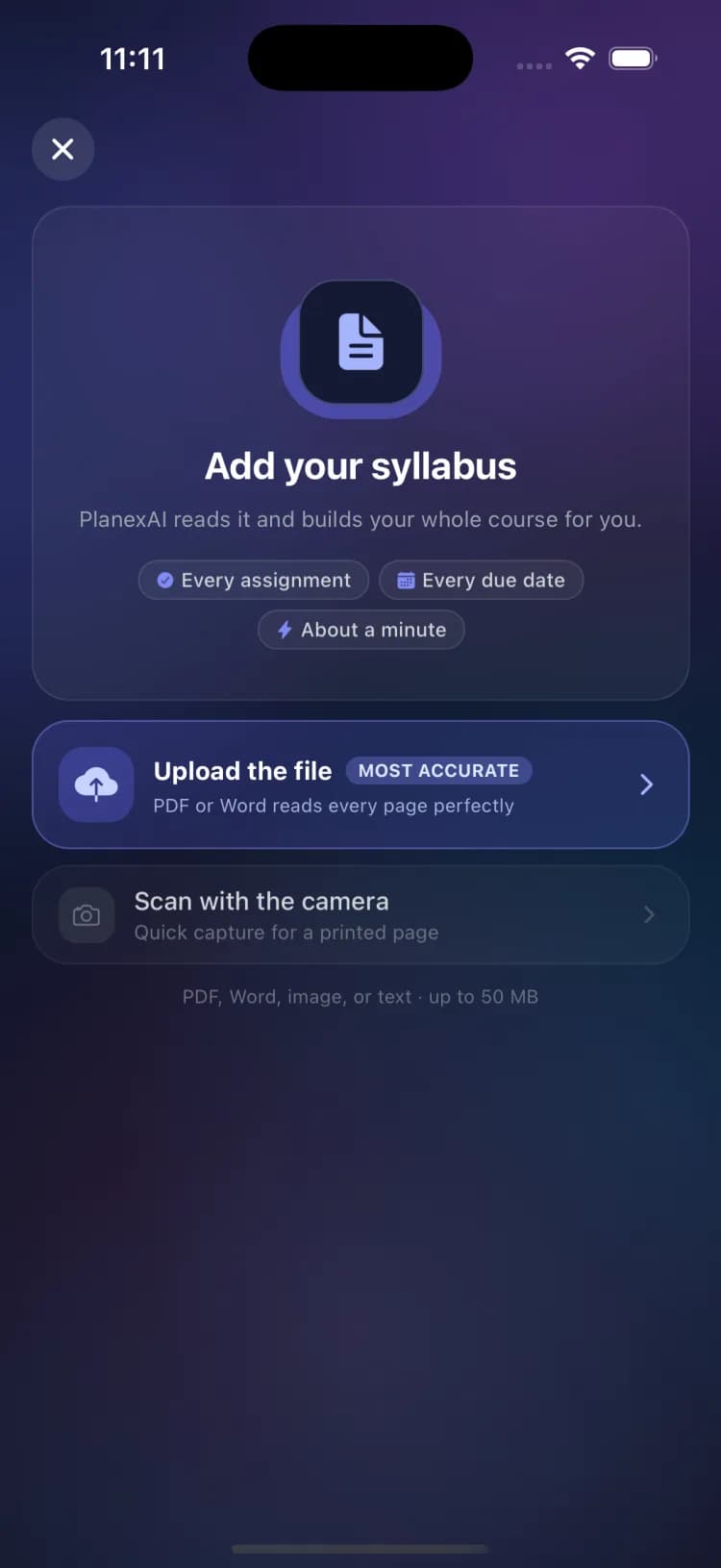 The Add your syllabus screen with upload and camera options