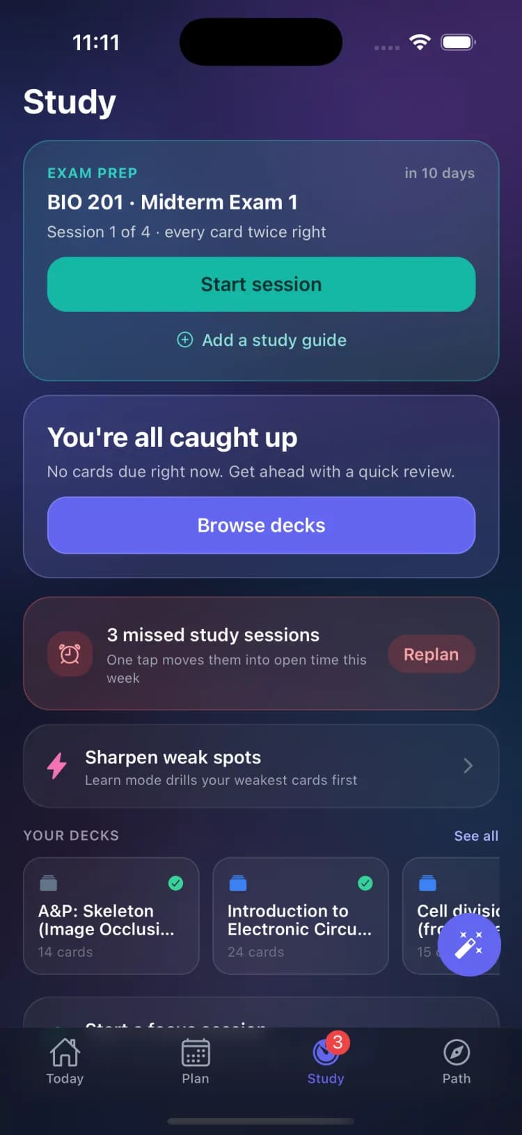 The exam card on the Study tab with a session countdown