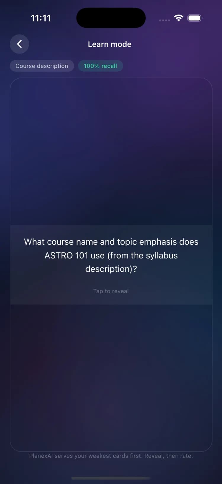 A Learn mode card with its recall badge, before the tap-to-reveal
