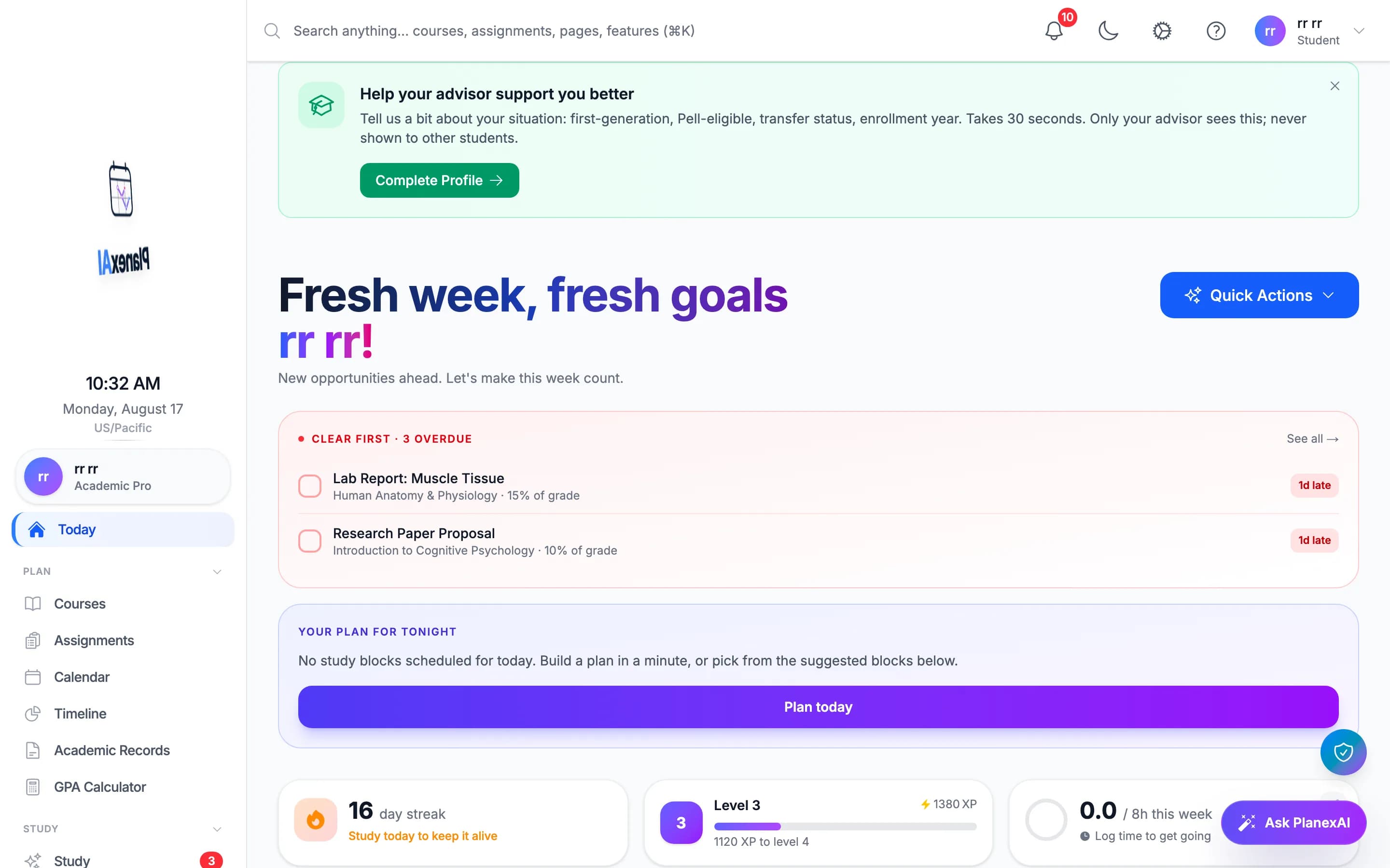 The PlanexAI web dashboard Today page