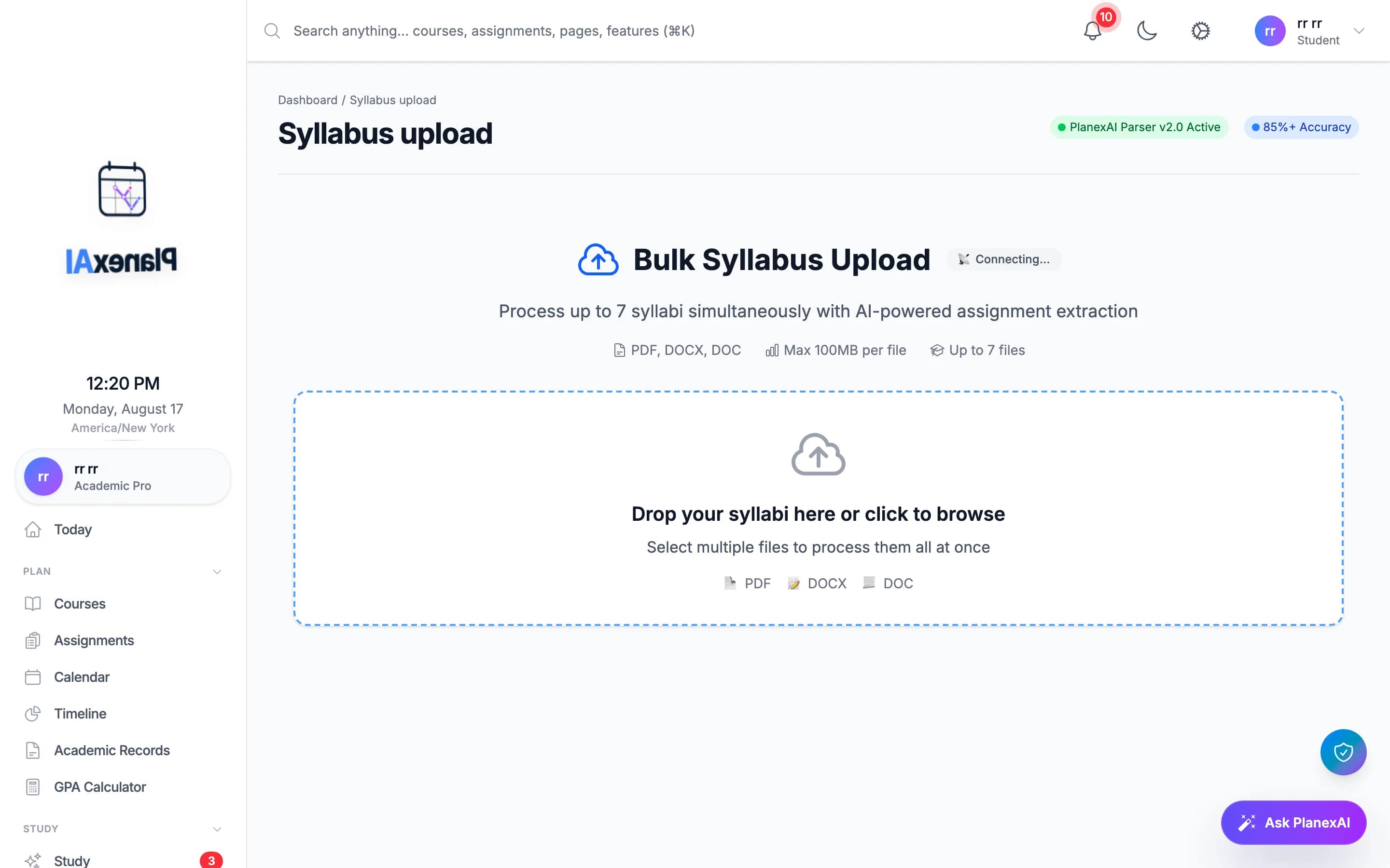 The web Syllabus upload page with its drag-and-drop zone