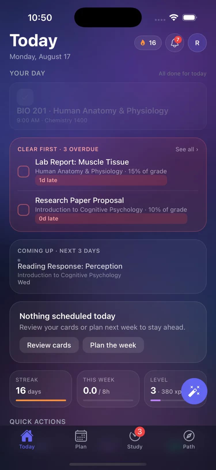The Today tab showing the daily plan with quick actions